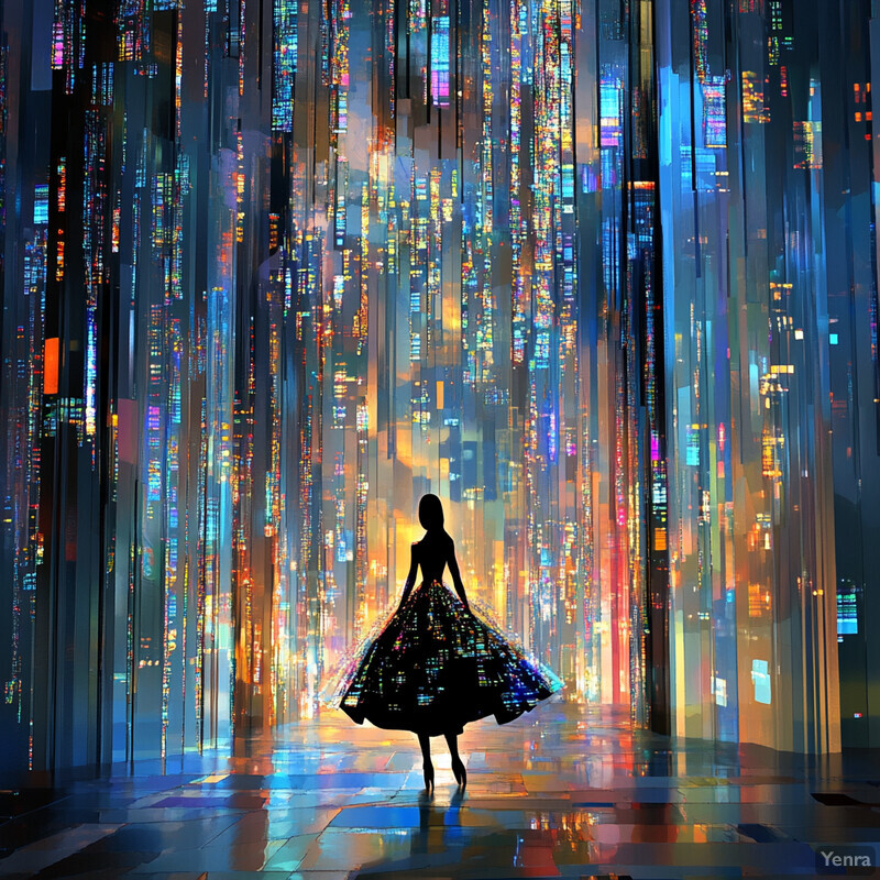 A woman stands confidently amidst a dynamic scene with swirling colors