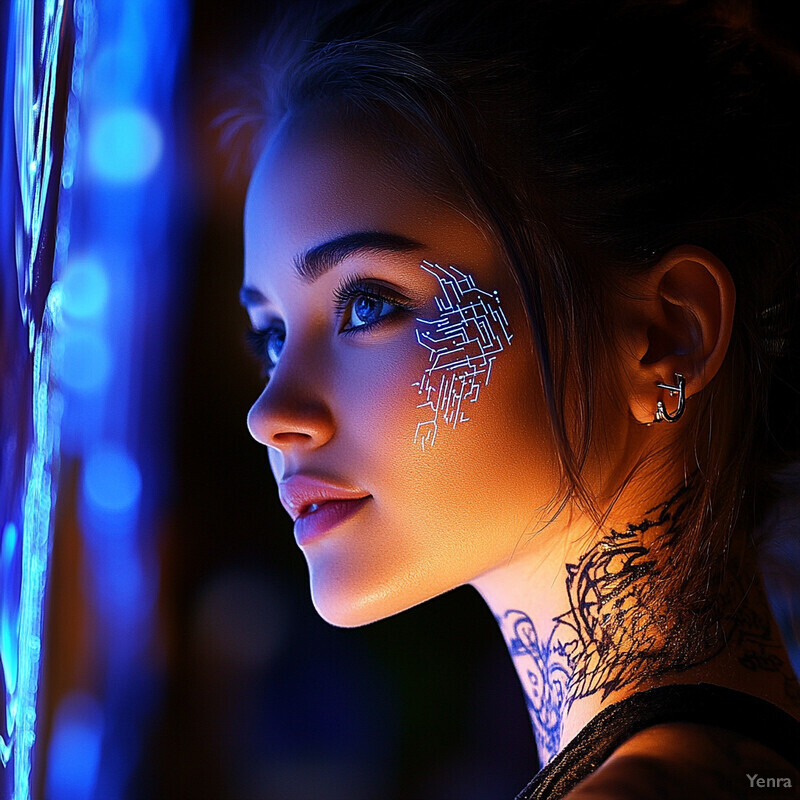 A woman with blue eyes and dark hair, wearing a black top and adorned with futuristic geometric designs on her cheeks and neck, gazes to the left in a mysterious pose.