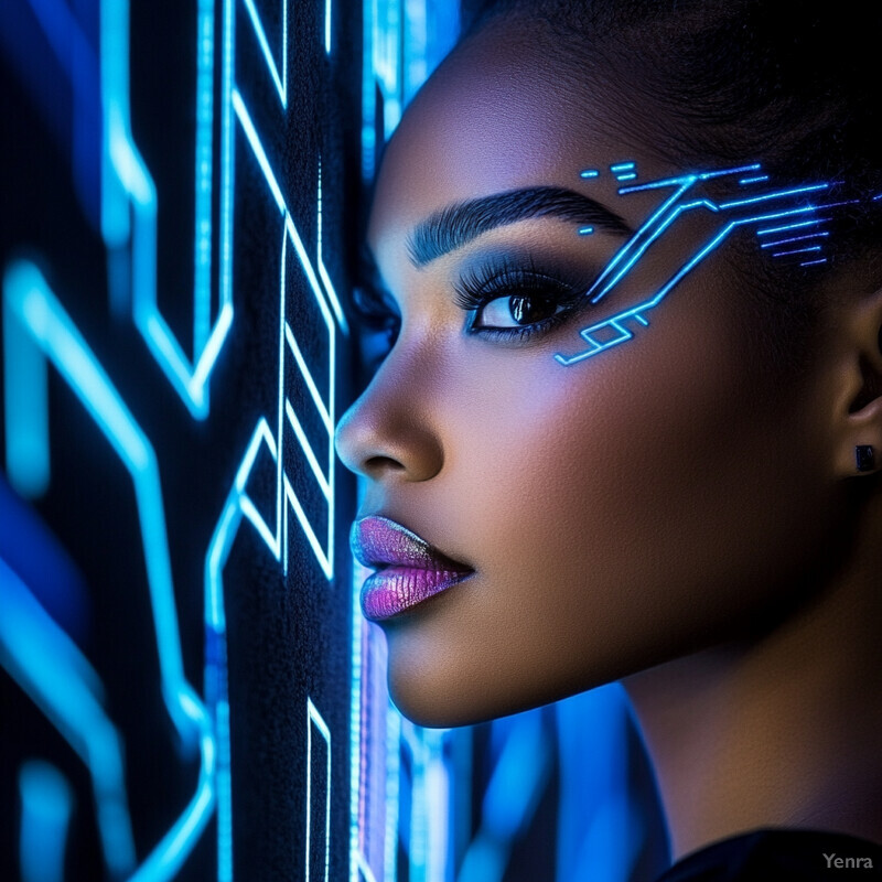 A woman with glowing lines on her face in a high-tech setting