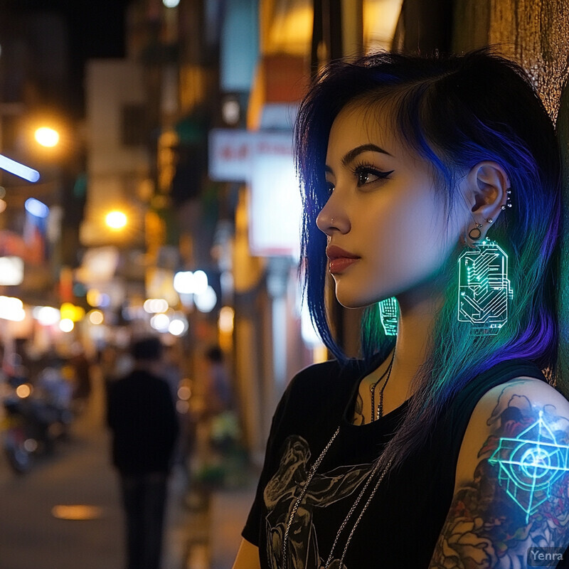 A woman stands on a city street at night, her face partially obscured by long dark hair.