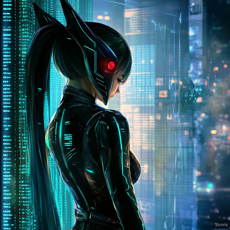 A futuristic female robot stands in front of a cityscape, its body made up of metallic plates and glowing blue lines.