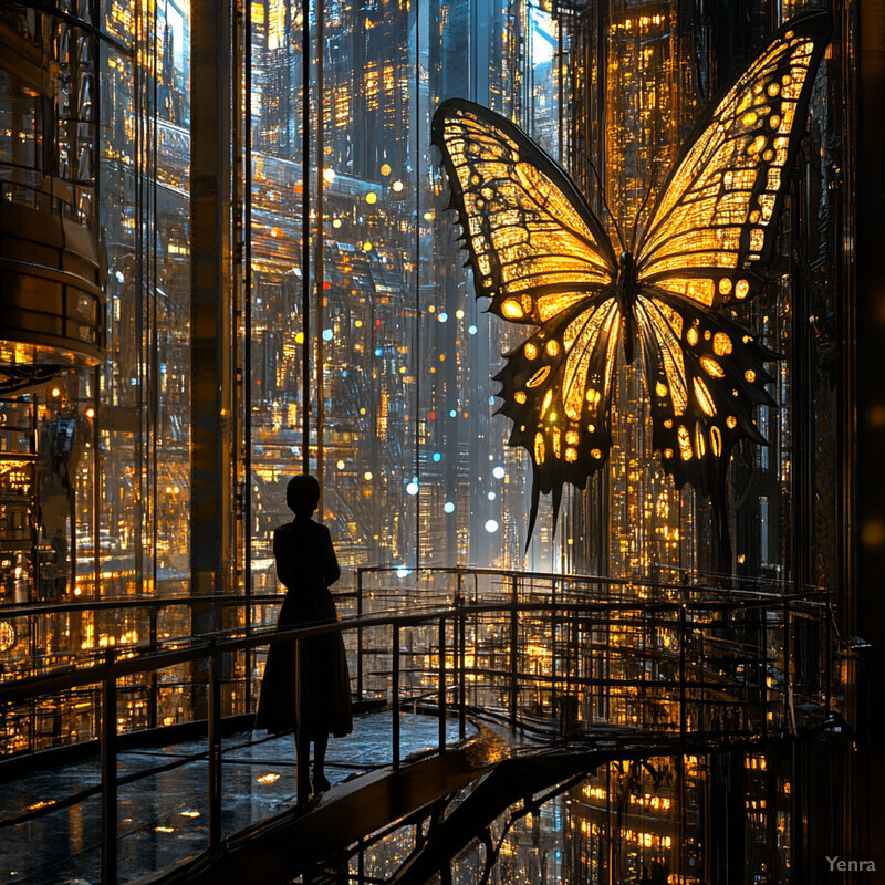 A futuristic scene with a large butterfly-like structure and a person in front of it, set against a backdrop of metal walls and floors.