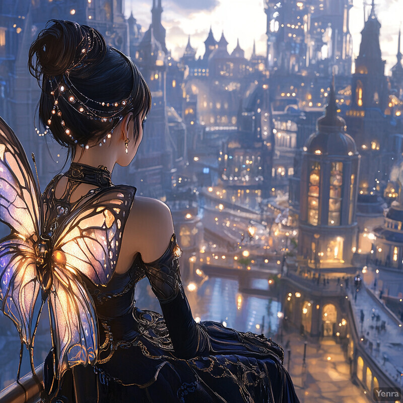 A woman with butterfly wings sits on a balcony overlooking a cityscape at dusk.