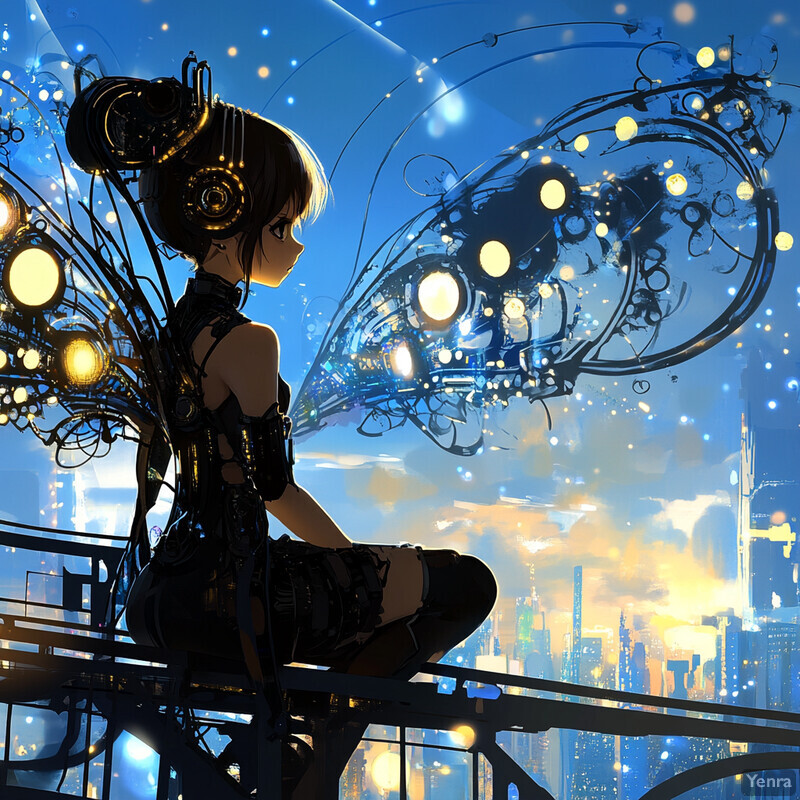 A young woman sits on a balcony overlooking a city at sunset, surrounded by a futuristic spaceship or drone.