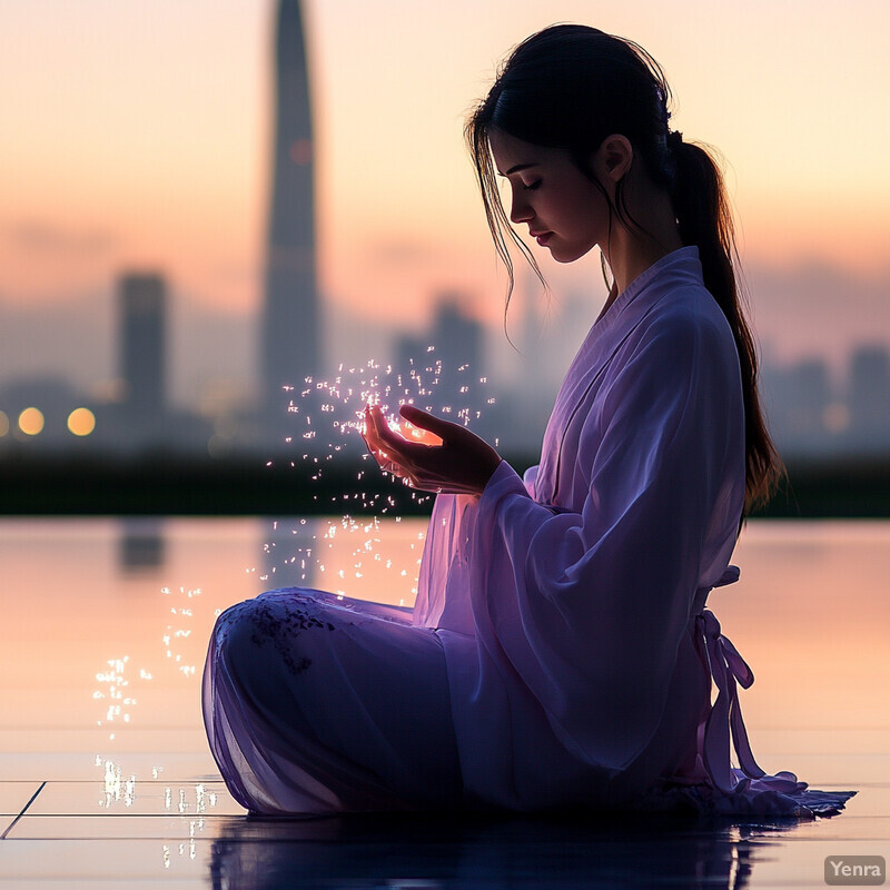 A woman sits on the ground, surrounded by an ethereal glow, lost in contemplation.