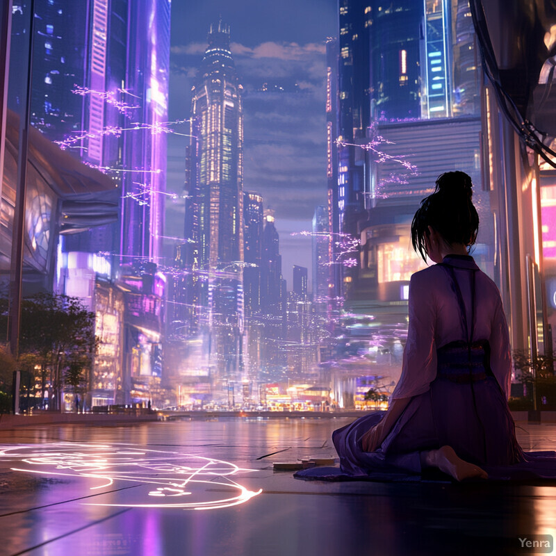 A woman meditates in front of a cityscape at night, surrounded by neon lights and futuristic architecture.