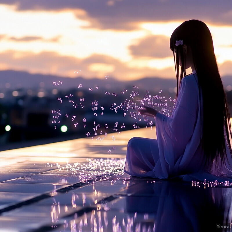 A woman sits on a wet surface at sunset, surrounded by a cityscape, with her hands glowing softly.