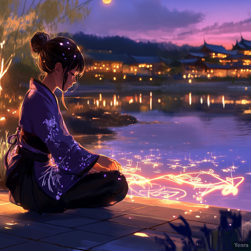 A serene and peaceful scene of a woman sitting by a body of water, dressed in traditional Japanese attire.