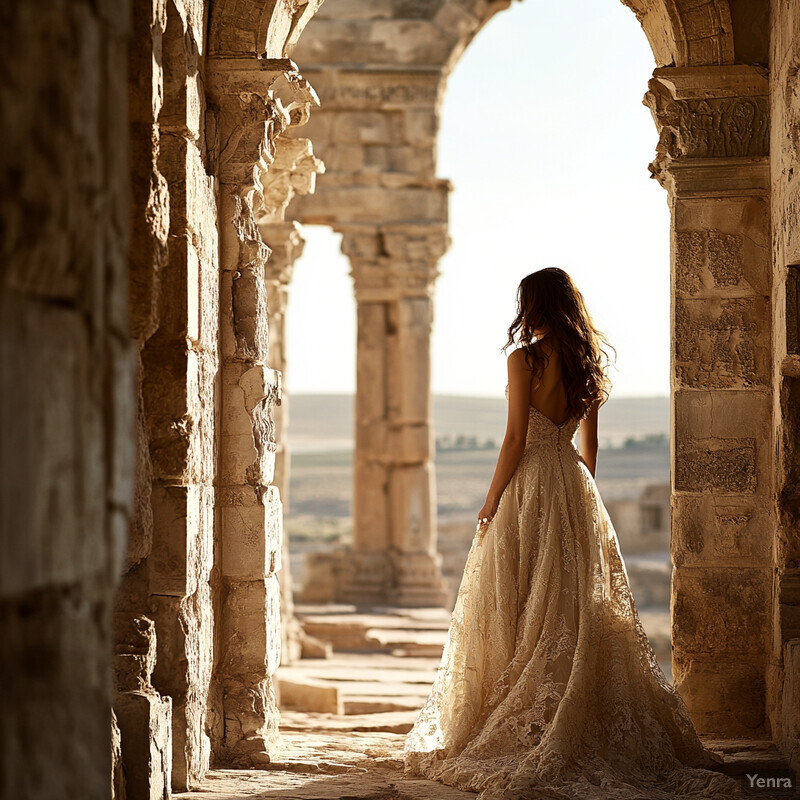 A woman in a wedding dress stands within an ancient stone archway, gazing out into the distance.