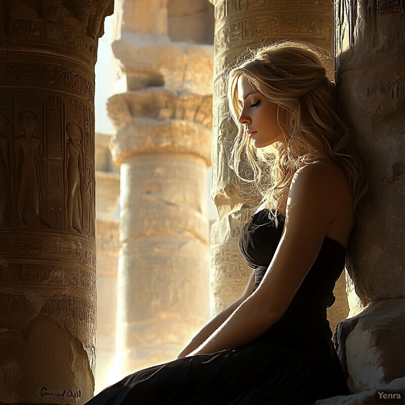 A woman sits in an ancient Egyptian temple, surrounded by intricate carvings and columns, lost in thought.