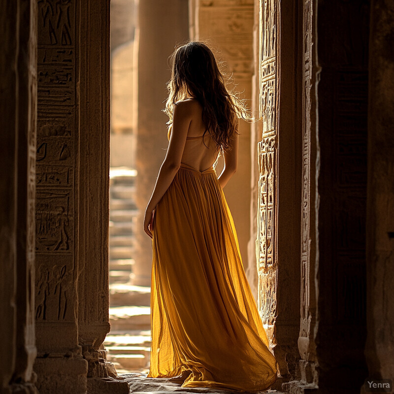 A woman stands in an ancient temple or building, gazing out at the distant horizon in her yellow dress.