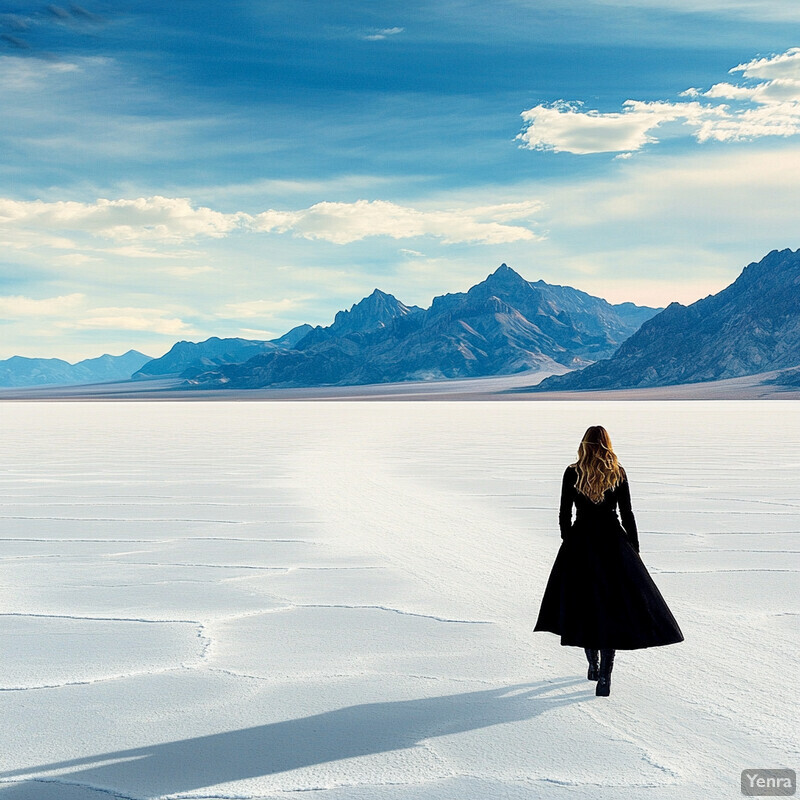 A woman walks away from the viewer across a vast expanse of white sand or salt flats towards a mountain range in the distance