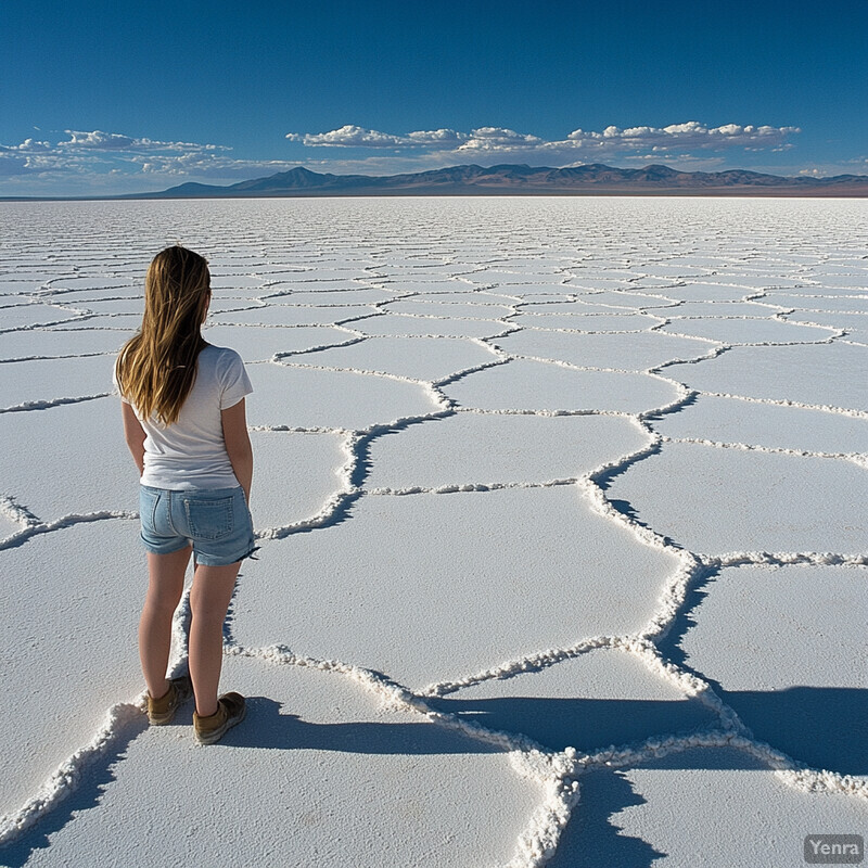 A woman stands on a vast salt flat, gazing out at the horizon.