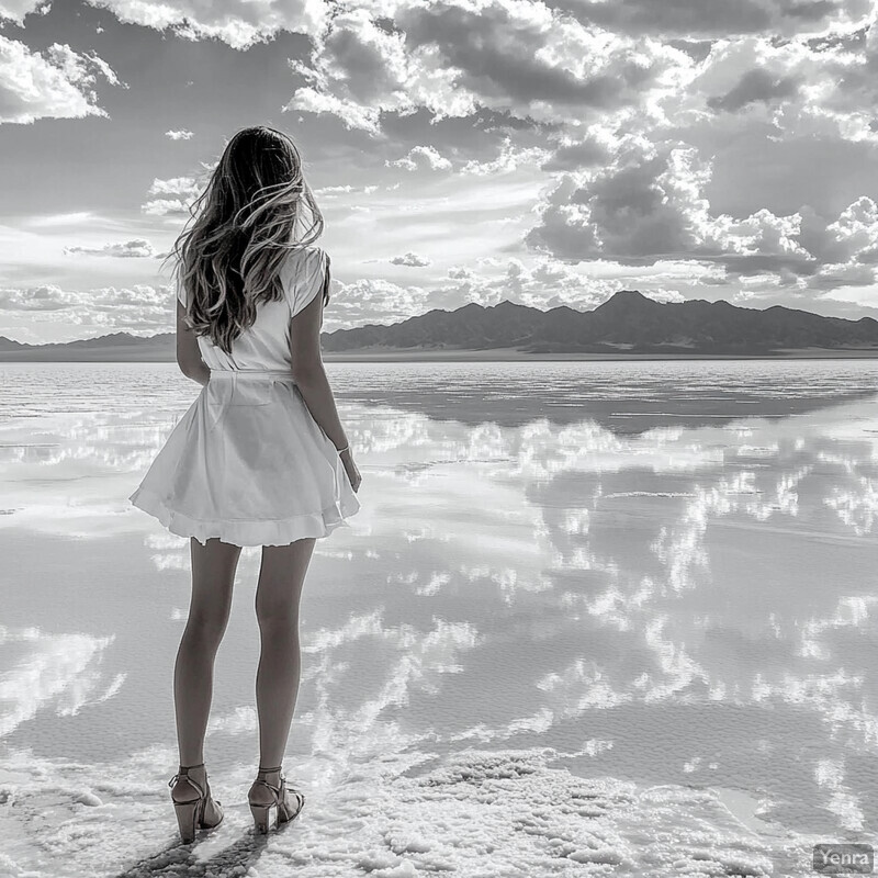 A woman stands on salt flats, gazing out at a lake and mountains.