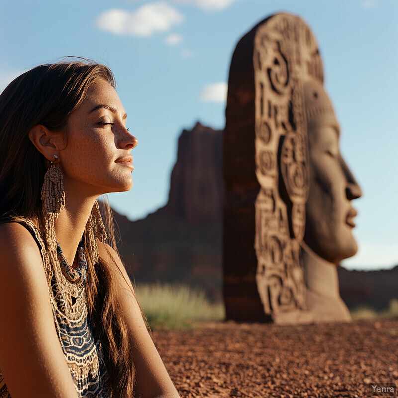 A woman sits in front of a large stone statue, surrounded by nature.