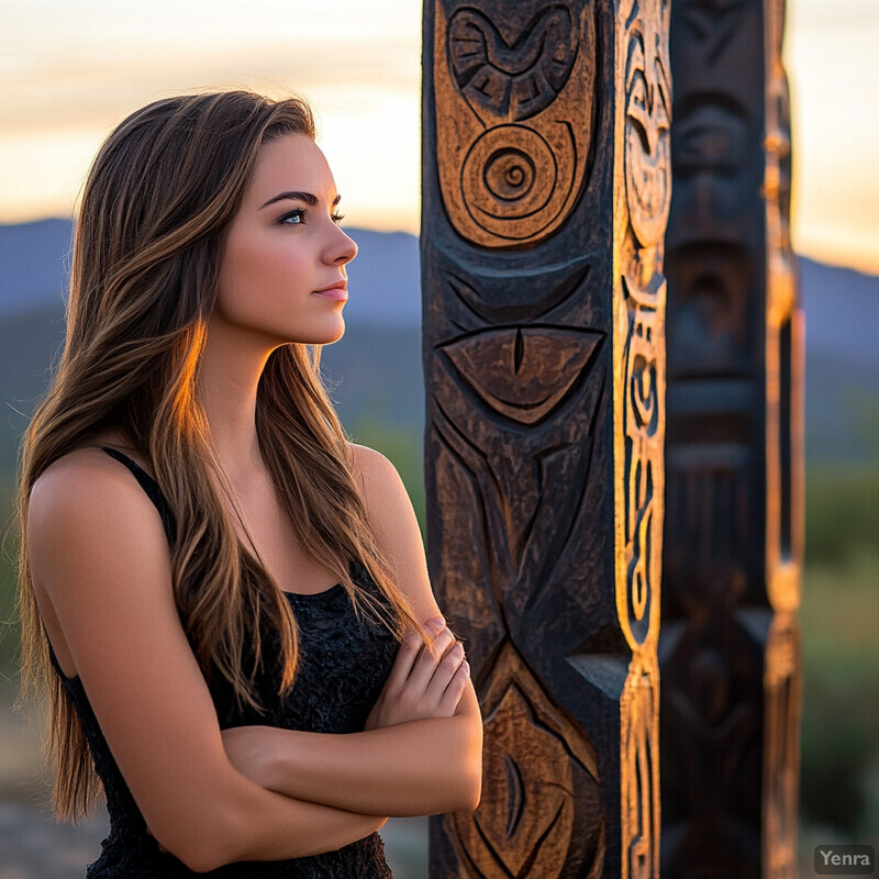 A young woman stands in front of a carved wooden pole, set against an outdoor backdrop.