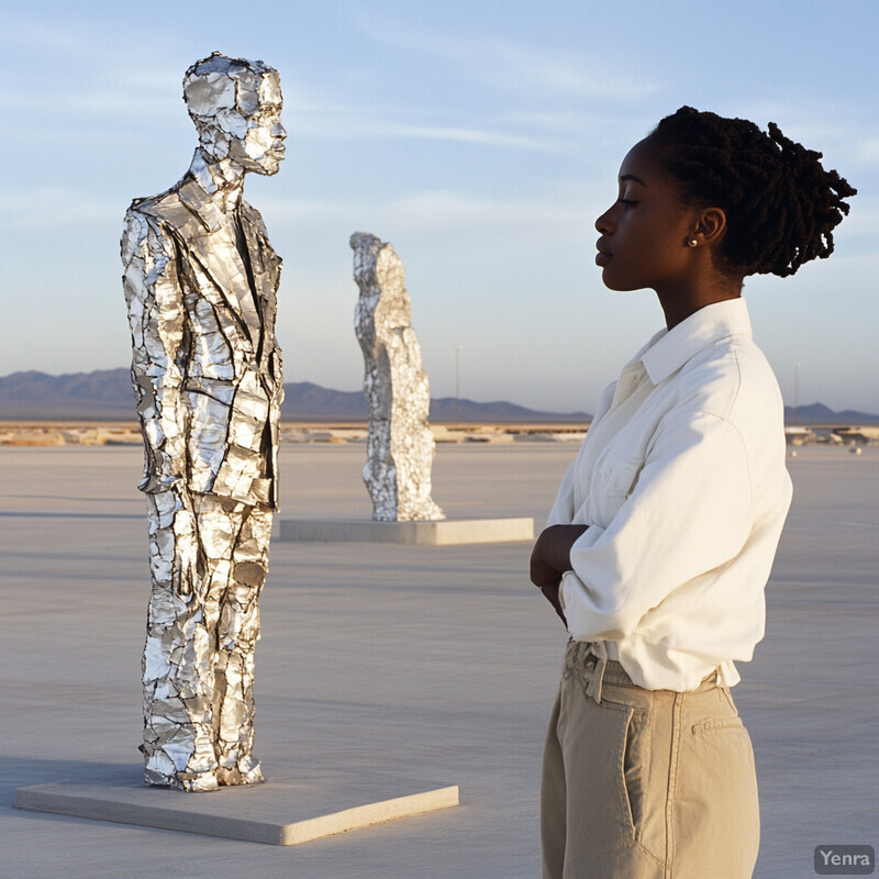 A woman stands before three large silver sculptures resembling human figures, set against a backdrop of sand and distant mountains under a clear blue sky.