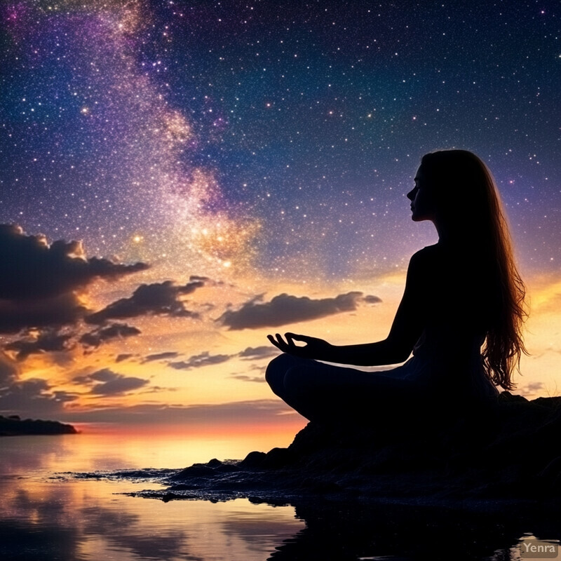 A serene and mystical scene of a woman meditating on a rocky outcropping overlooking a body of water at sunset or sunrise.