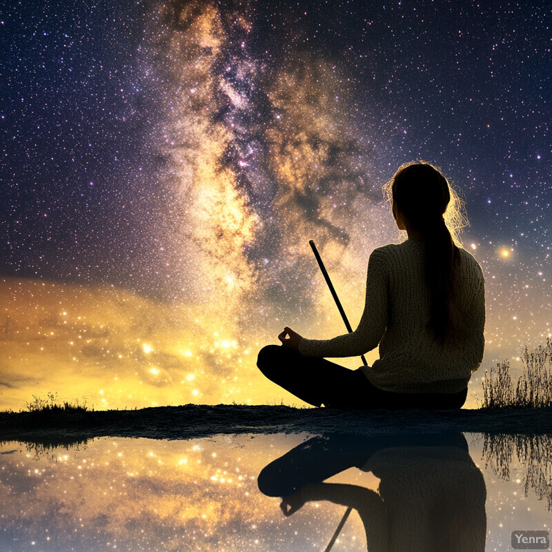 A woman meditating on the shore of a body of water, surrounded by lush greenery and vibrant flowers