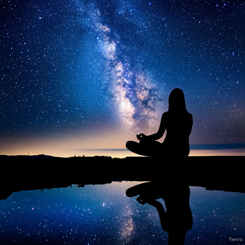 A woman meditates under the starry night sky.