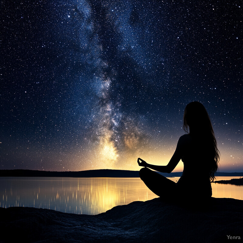 A serene scene of a woman sitting on a rock by a body of water under a starry night sky