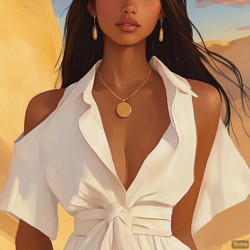 A woman stands in front of a desert landscape, wearing a white dress and gold necklace.