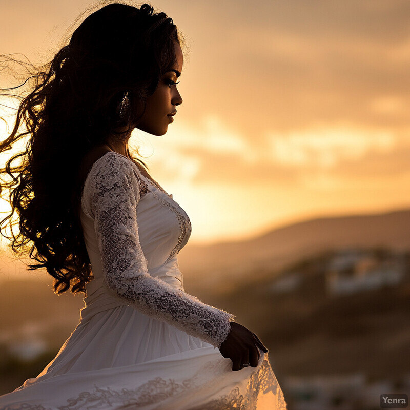 A woman in a white dress stands outside at sunset or sunrise, exuding serenity and contemplation.