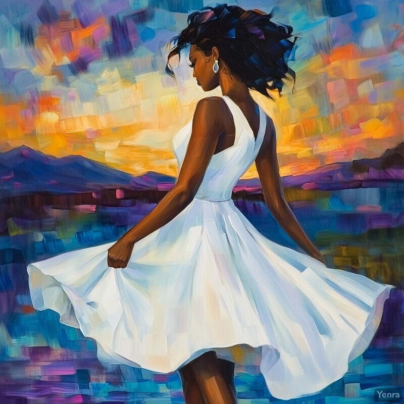 A woman in a white dress stands on a beach at sunset, surrounded by vibrant colors and palm trees.