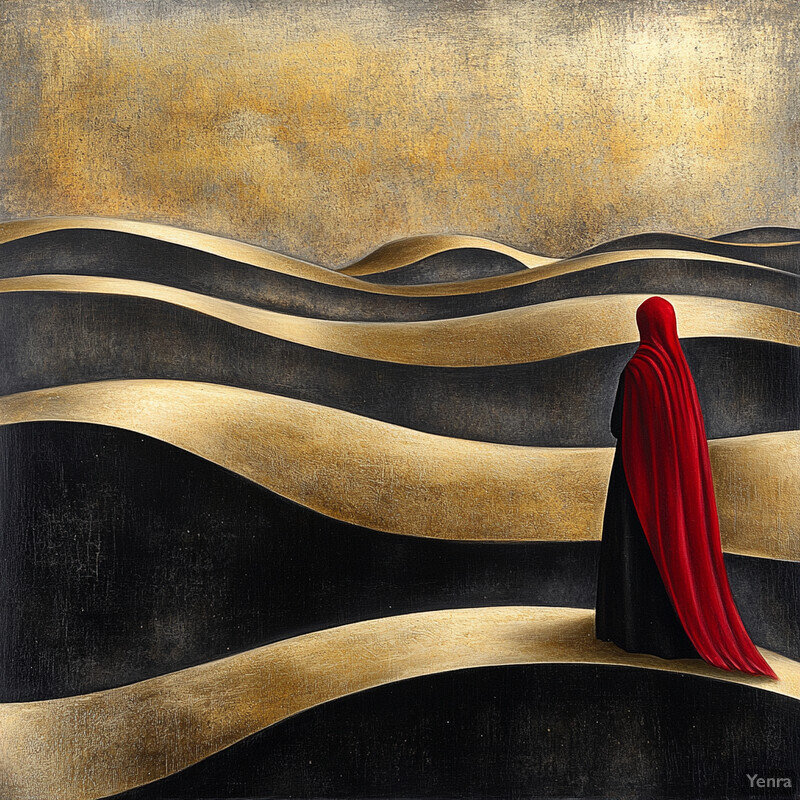 A person stands in front of a desert landscape with sand dunes, wearing a red cloak or veil.