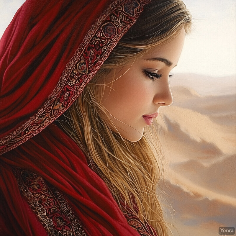 A woman wearing a red headscarf gazes downward with her eyes closed, set against a blurred desert or mountainous landscape.