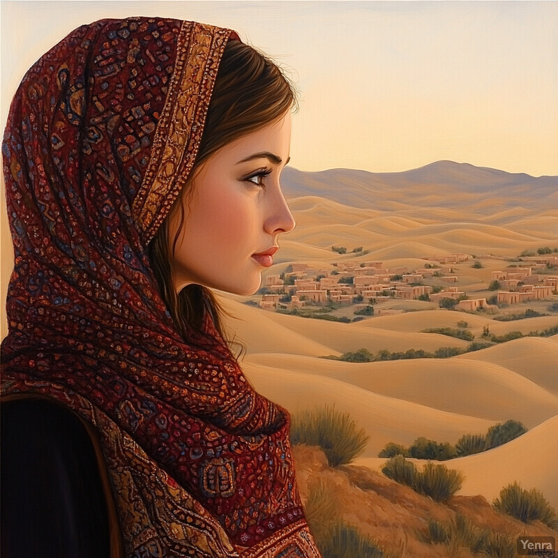 A woman wearing a headscarf stands in an outdoor desert setting, looking out at the landscape.