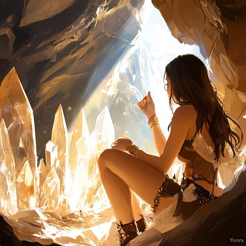 A woman sits in a cave surrounded by large crystals, lost in thought or meditation.