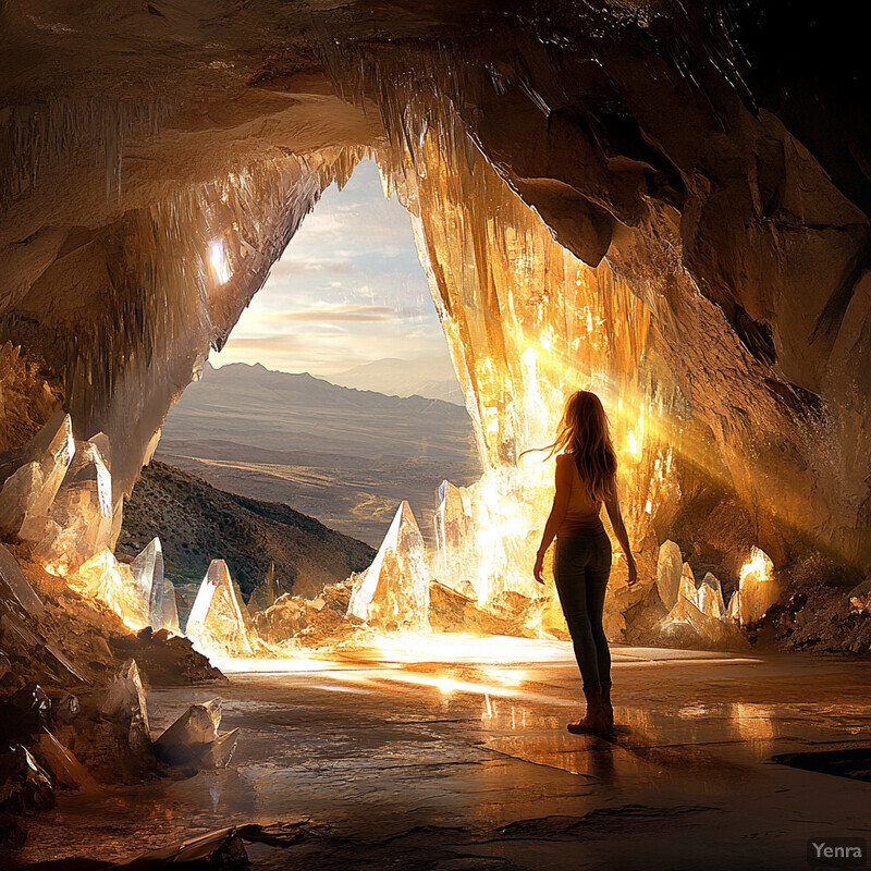 A woman stands in front of a cave entrance surrounded by lush greenery