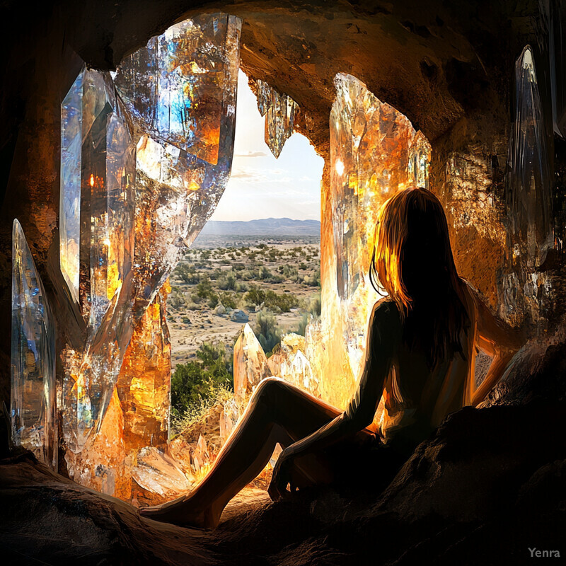 A woman sits in a cave surrounded by large crystals, gazing out at the desert landscape beyond.