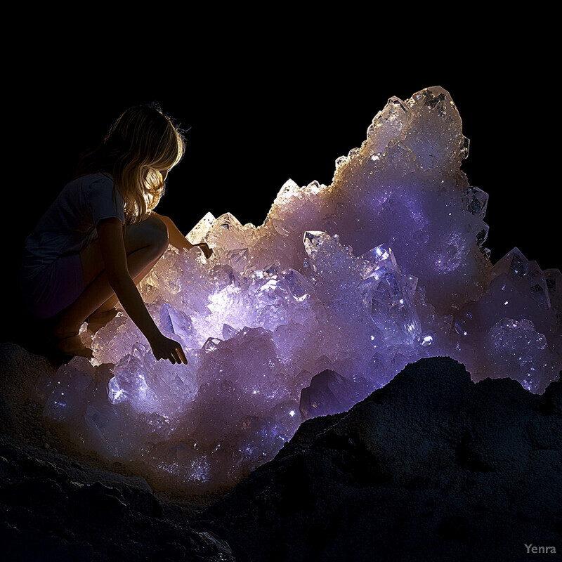 A woman sits on a large cluster of crystals, gazing upwards in a serene atmosphere.