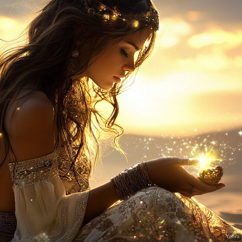 A woman sits in a natural setting, surrounded by an ethereal glow, exuding serenity and tranquility.