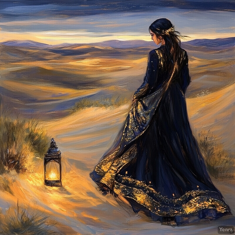 A woman in a long, dark blue dress walks through a desert landscape, holding a lantern and surrounded by rolling hills and mountains.