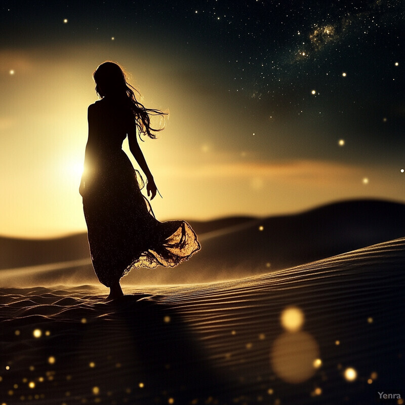 A woman stands on sand dunes under a starry sky, exuding serenity and connection with nature.