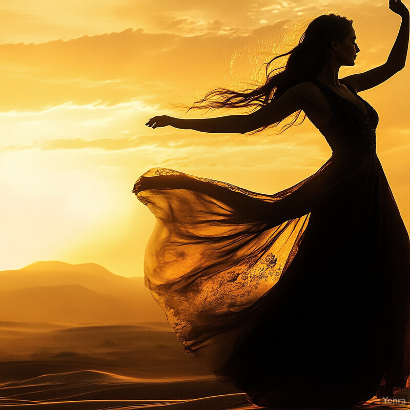 A woman dances in the desert at sunset, surrounded by a breathtaking orange sky and sand dunes.