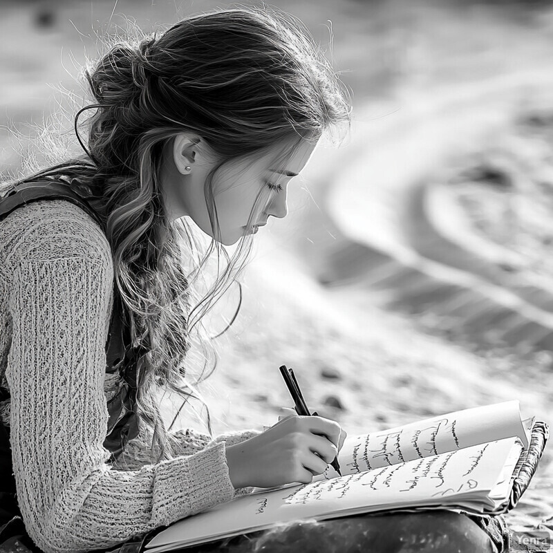 A young girl sitting on the sand, writing in a notebook.