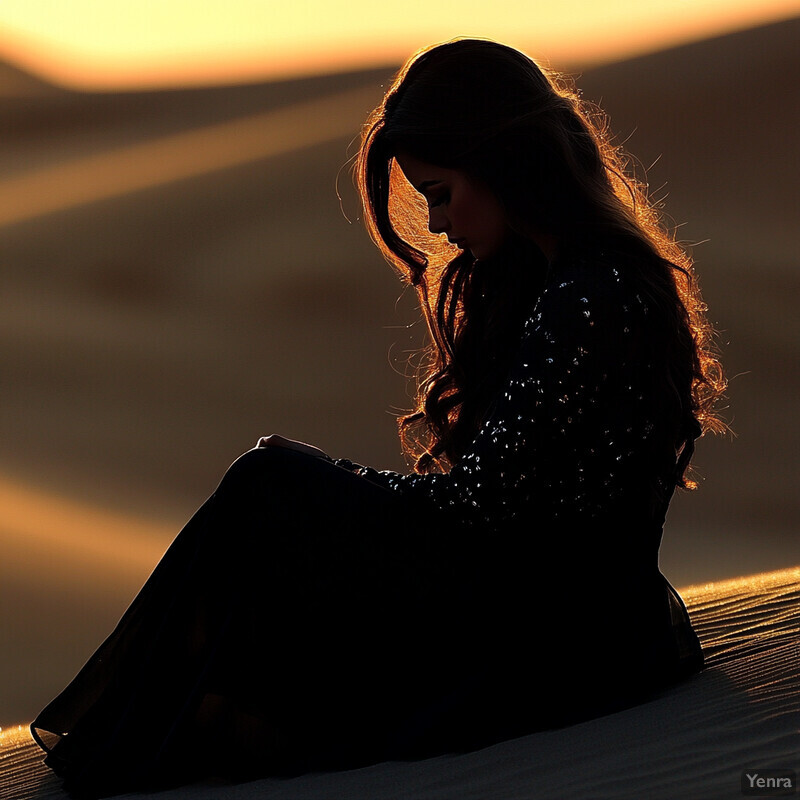 Woman sitting in the desert at sunset