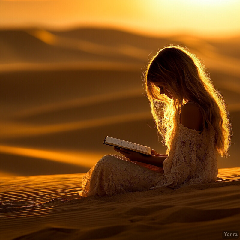 A woman sits in the desert, reading a book.