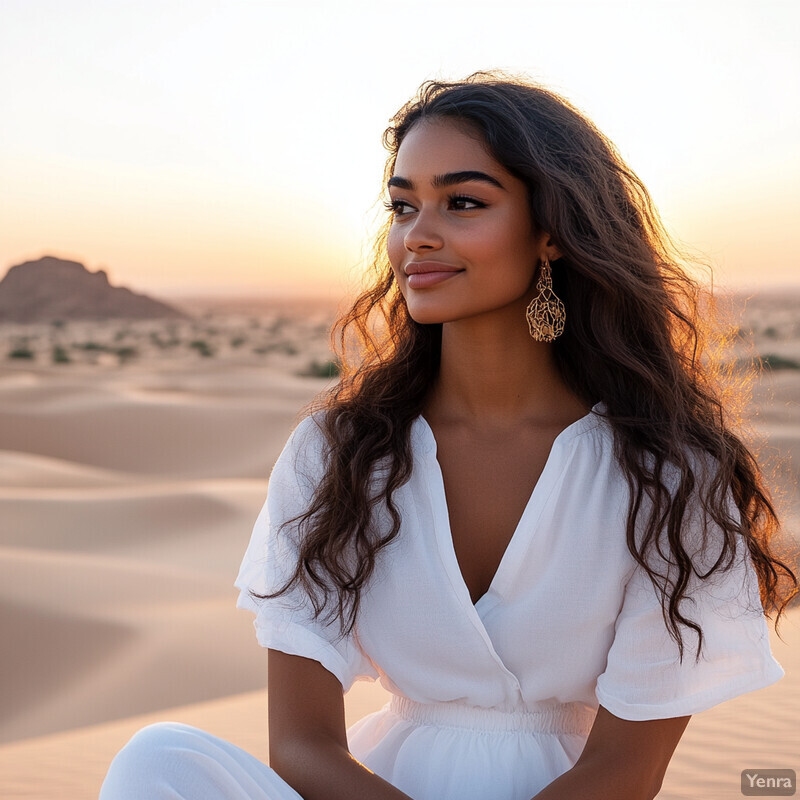 A woman sits in the desert, surrounded by sand dunes and a rocky formation in the distance.