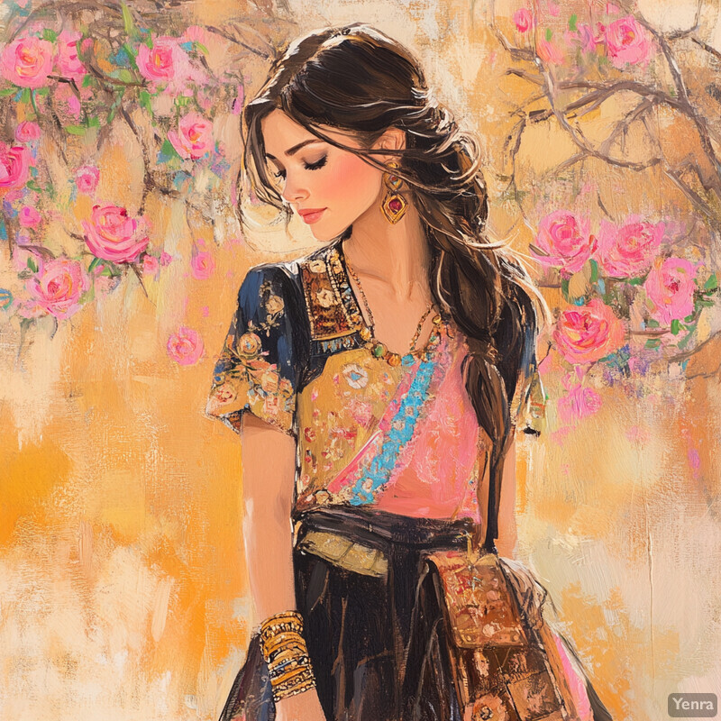 A woman in an intricately patterned blouse and black skirt stands amidst pink roses, exuding elegance.