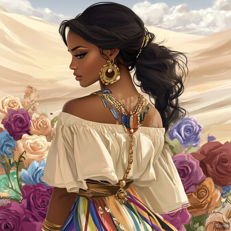 A woman stands in the desert surrounded by sand dunes and colorful roses.