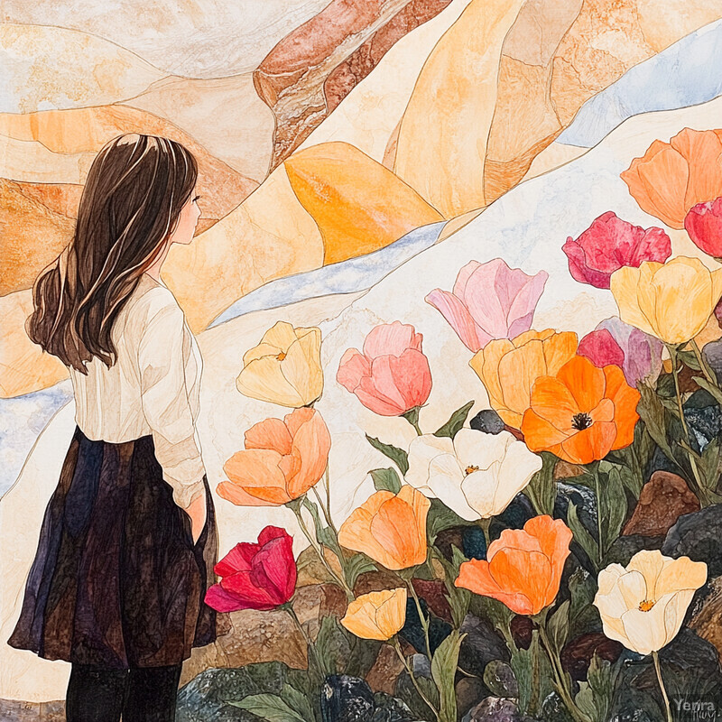 A young girl stands in front of a colorful floral display, her back turned to the viewer as she gazes at the flowers.