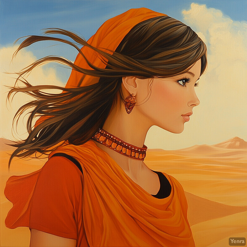 A woman stands in front of a desert landscape, wearing an orange headscarf and dress