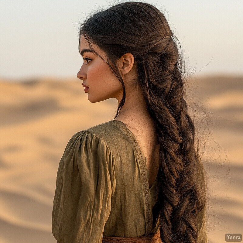 A woman with long brown hair styled in a braid stands in a desert landscape.