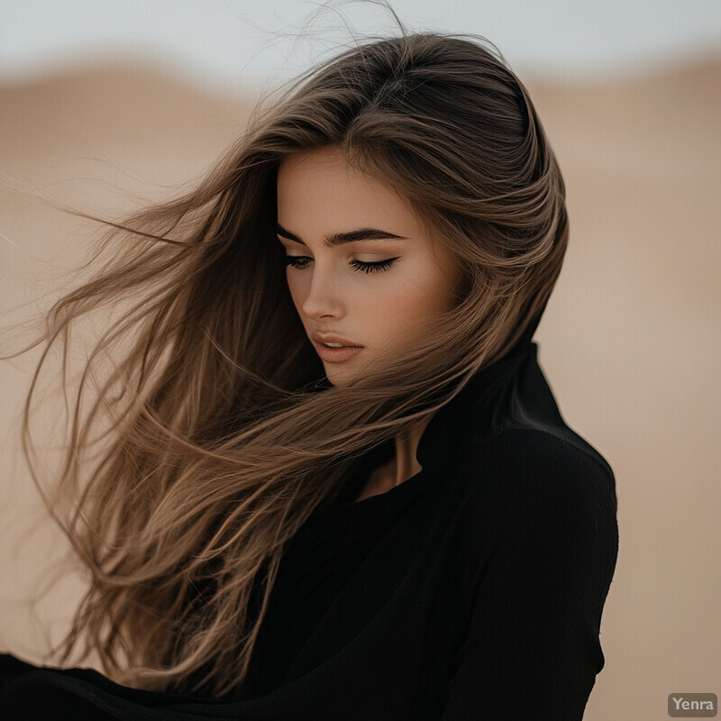 A woman stands in a desert landscape, her long brown hair blowing in the wind.