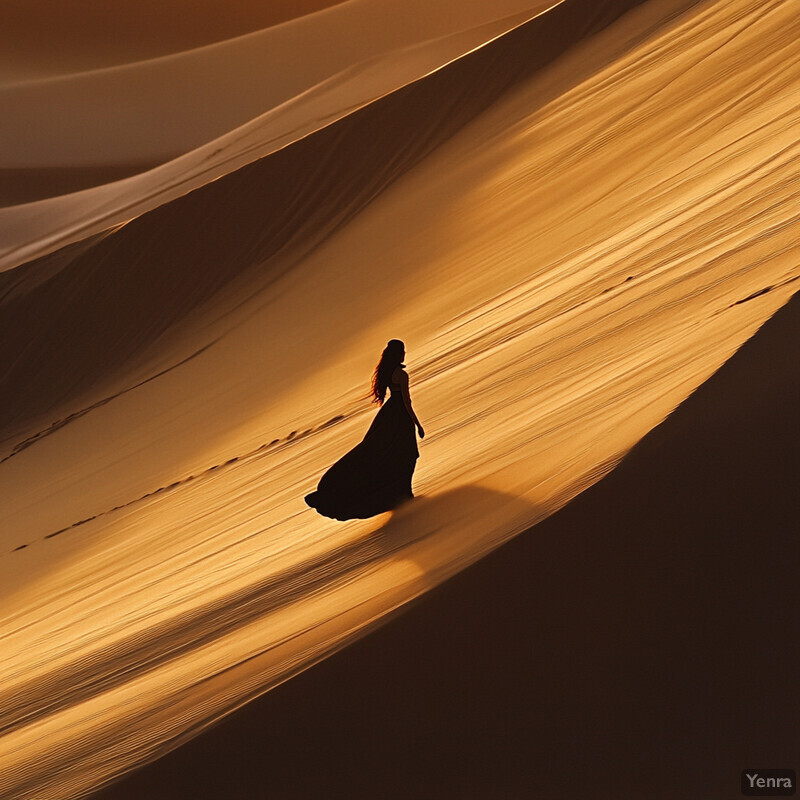 A woman in a flowing black dress walks through sand dunes at sunset.